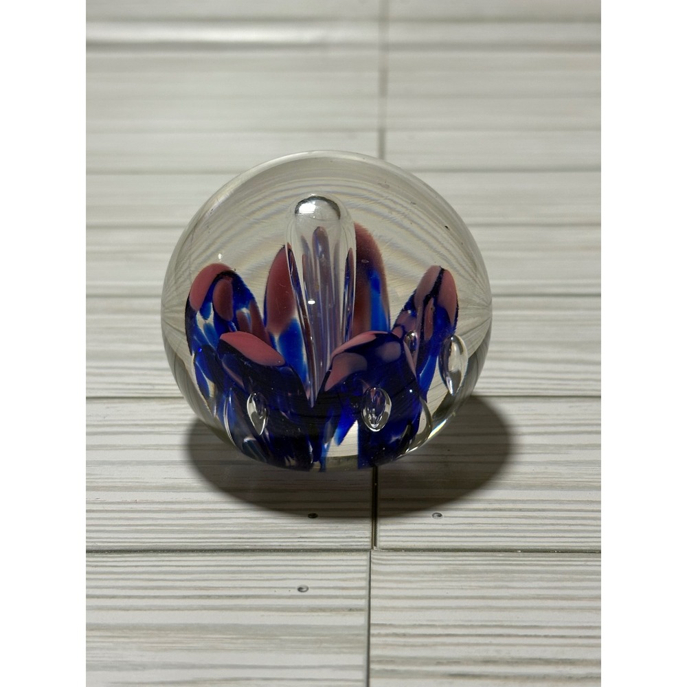 Vintage Art Glass Paperweight Cobalt Blue Pink Controlled Bubble Orb‎ Decor